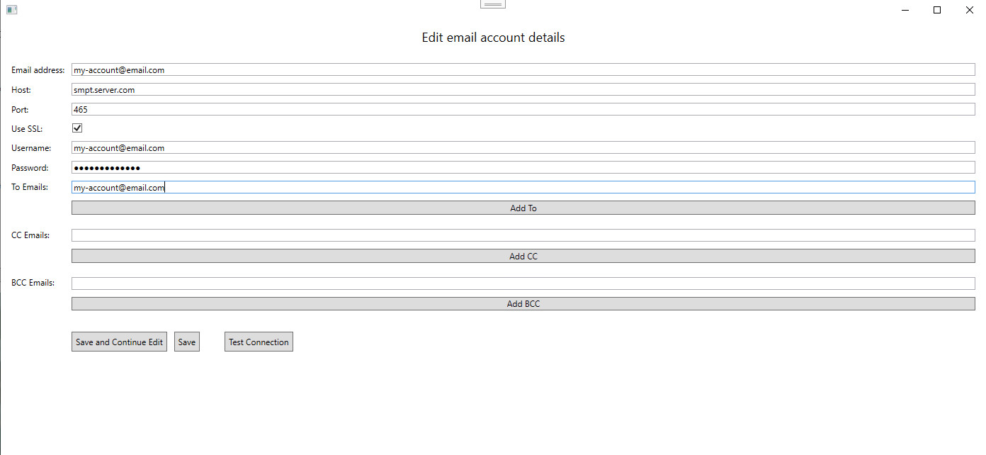 Cadify Service email configuration window